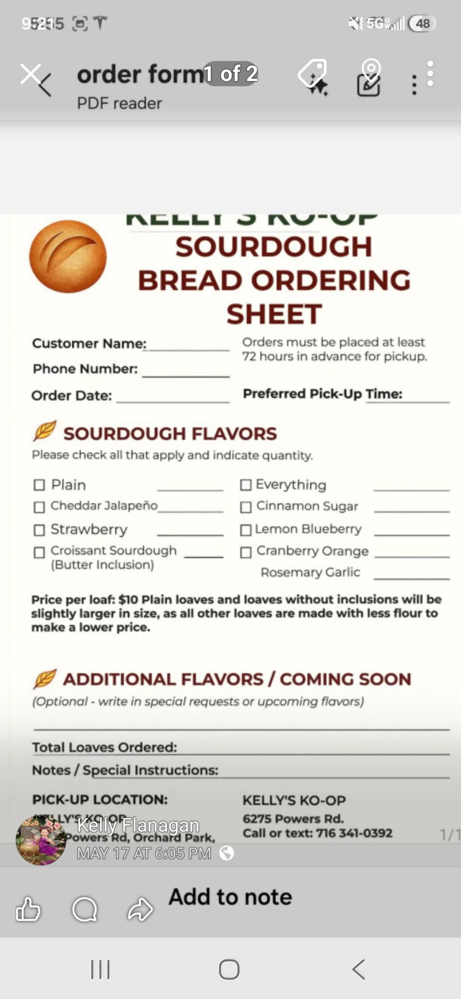 Kelly's Ko-Op sourdough ordering sheet with flavors and pickup details.