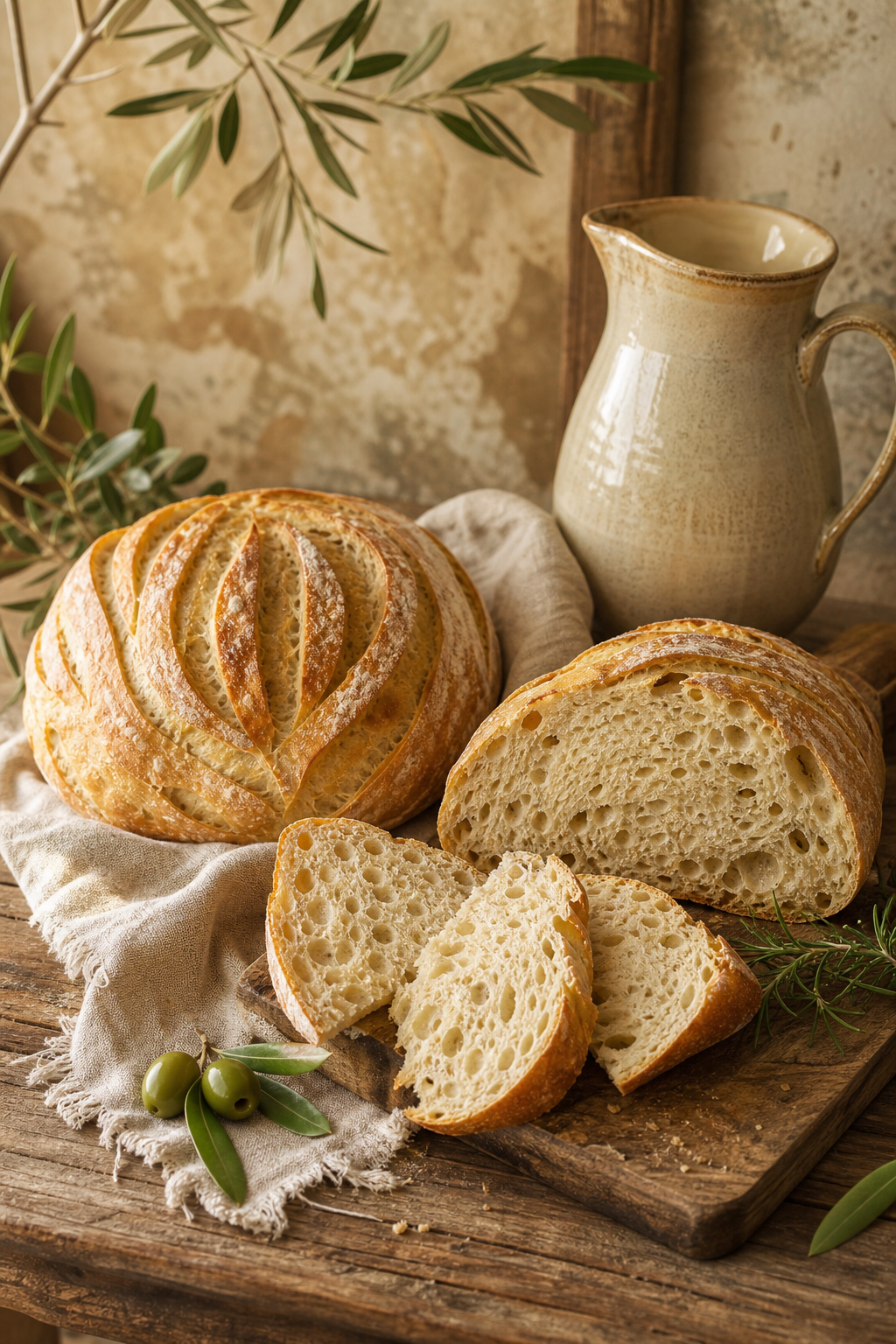 Rustic artisan sourdough still life with linen and ceramic pitcher.